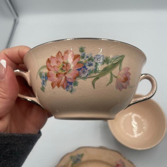 Vintage Quadro Crooksville Pink Floral Double-Handled Cup & Small Plate set of 2 - Picture 3 of 8